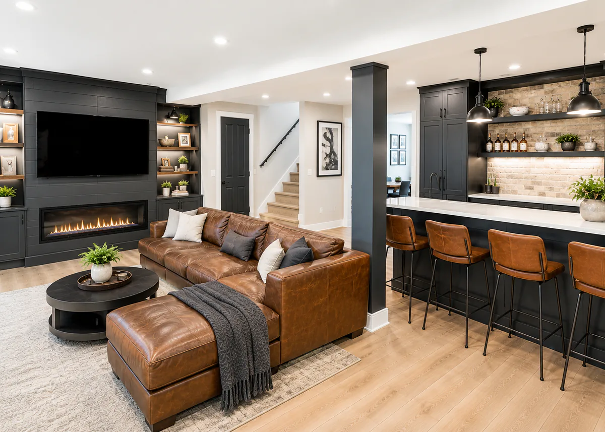 Finished basement with a fireplace wall, built in cabinetry, lounge seating, and a wet bar