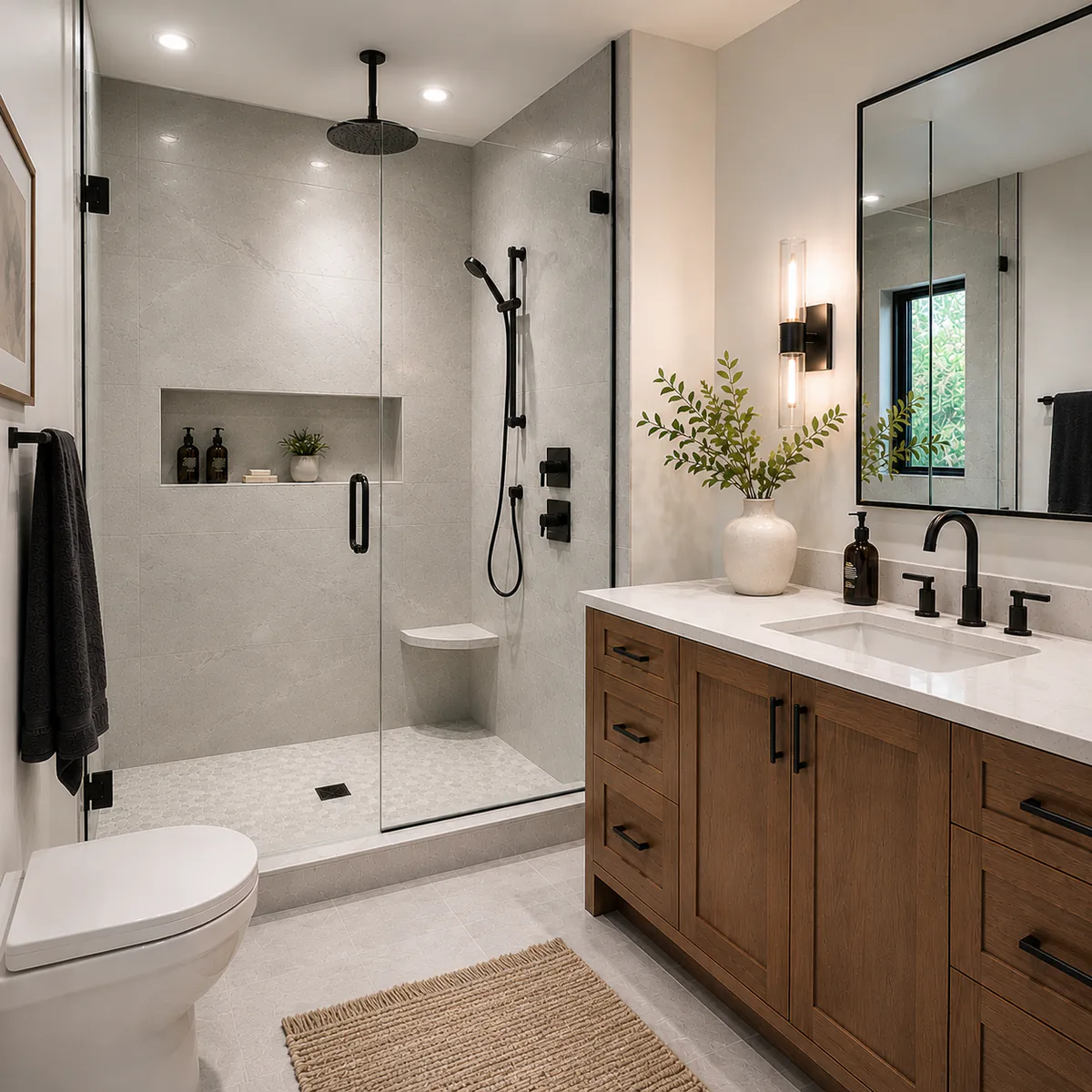 Remodeled bathroom with a tiled walk in shower, wood vanity, and black fixtures