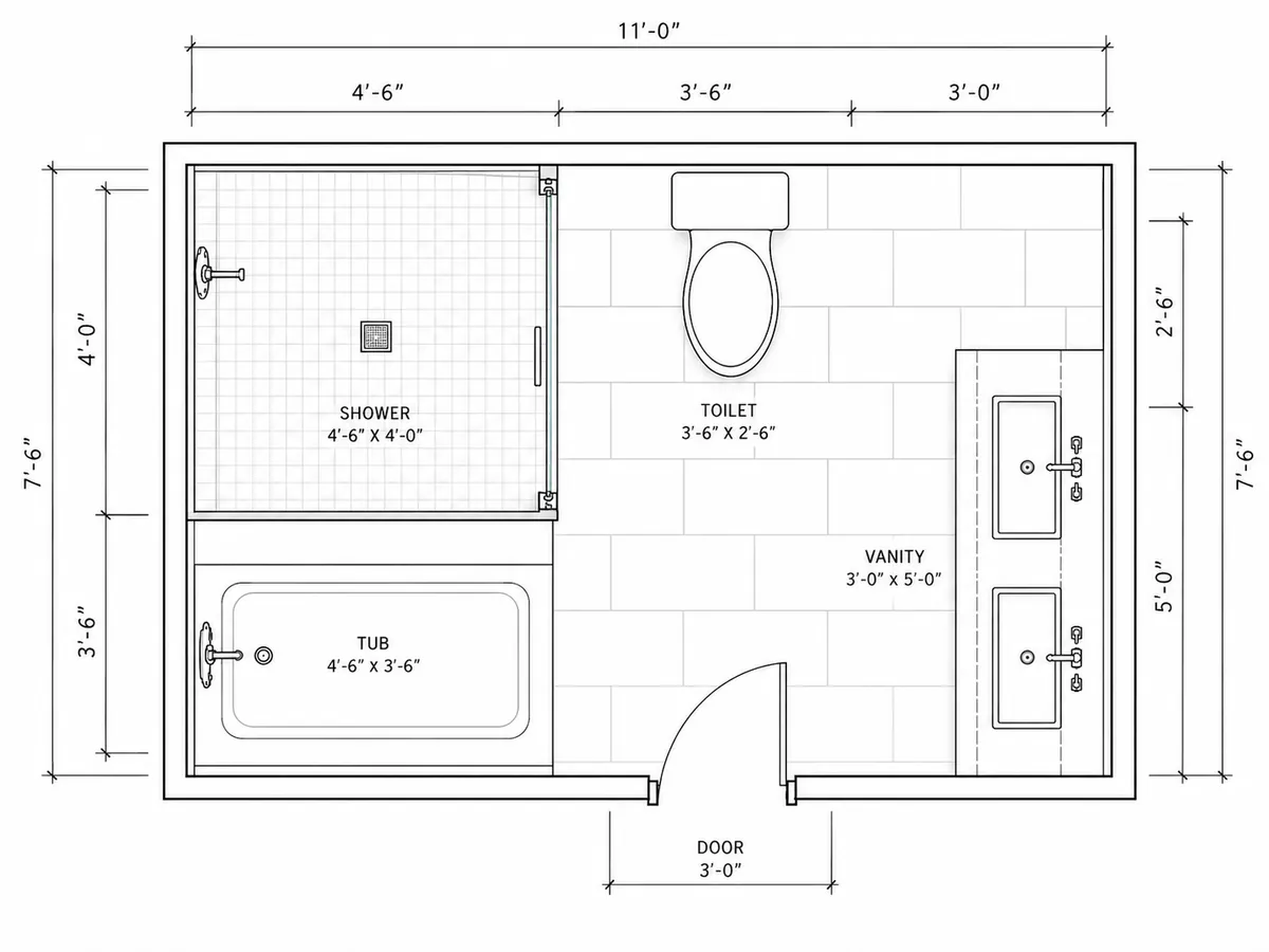 Measured bathroom renovation floor plan showing a separate shower and tub, toilet, double vanity, and door layout